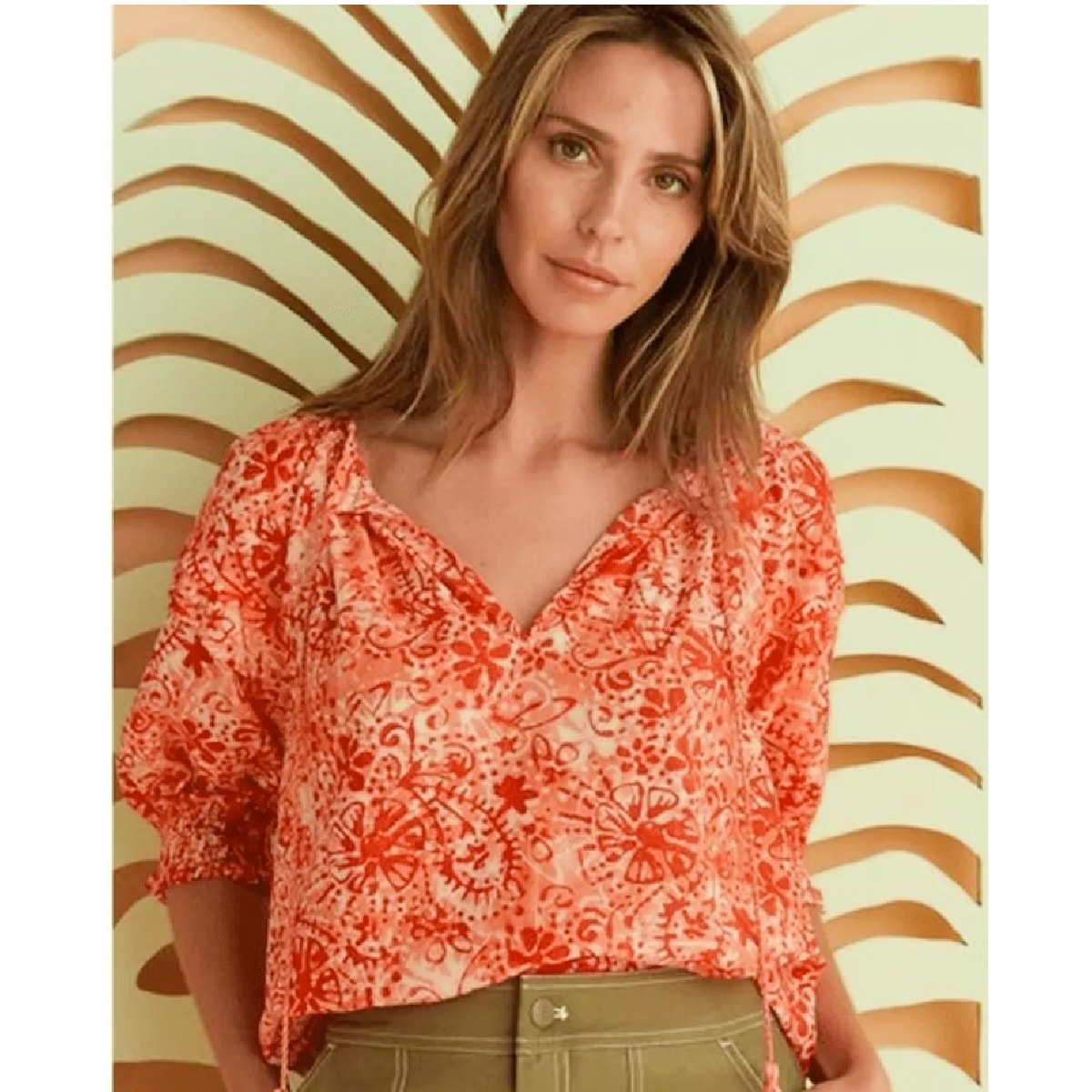 Marie Oliver Lara Top Orange Floral Print Boho Chic Preppy Tasseled Cotton Small